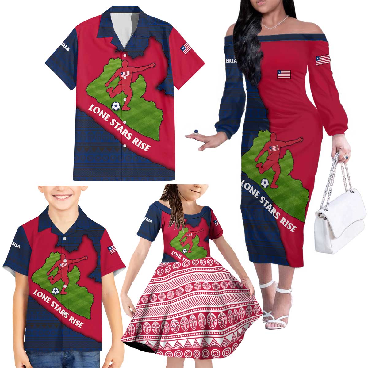 Liberia Lone Stars Rise Football Family Matching Off The Shoulder Long Sleeve Dress and Hawaiian Shirt with Map Graphic and National Flag Design