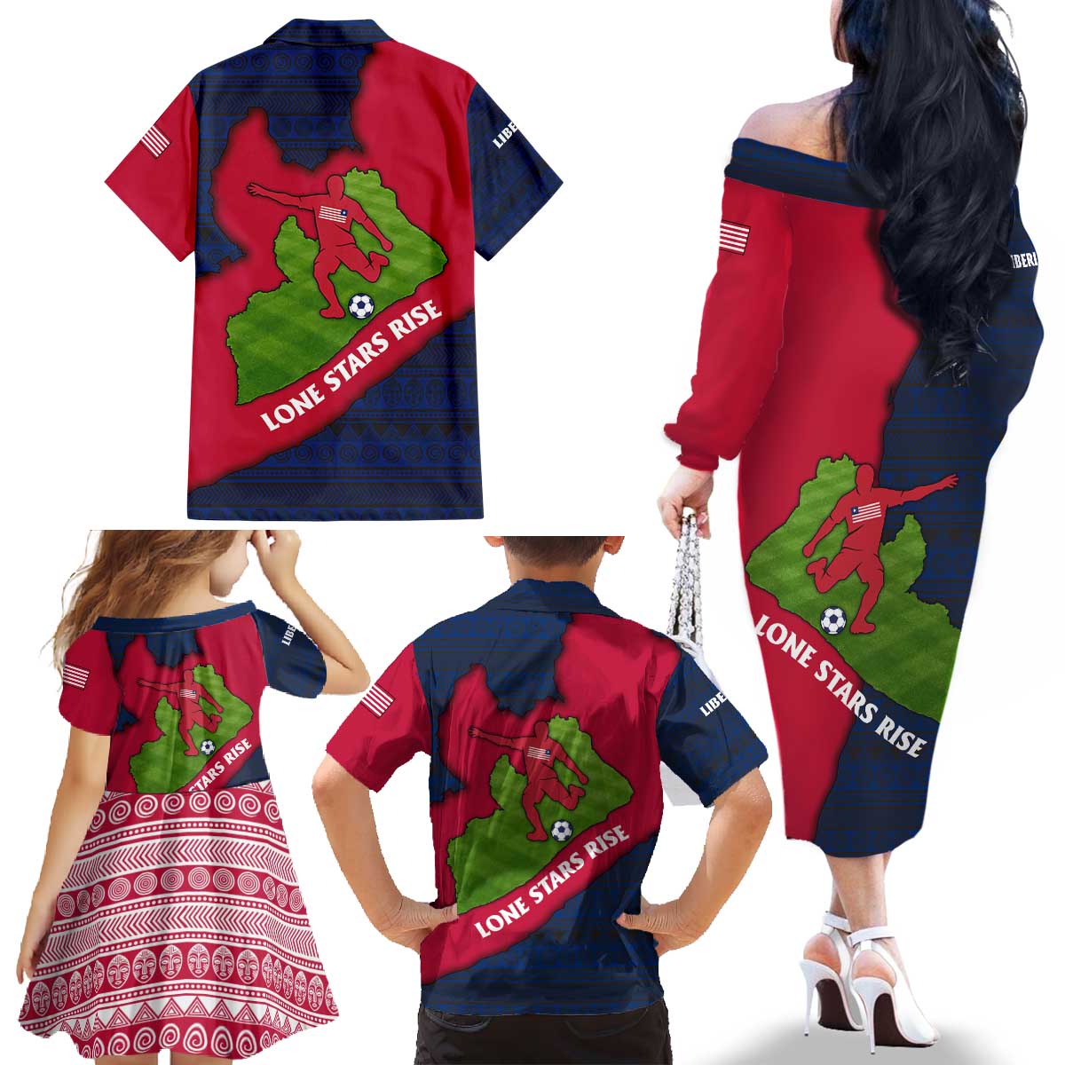 Liberia Lone Stars Rise Football Family Matching Off The Shoulder Long Sleeve Dress and Hawaiian Shirt with Map Graphic and National Flag Design