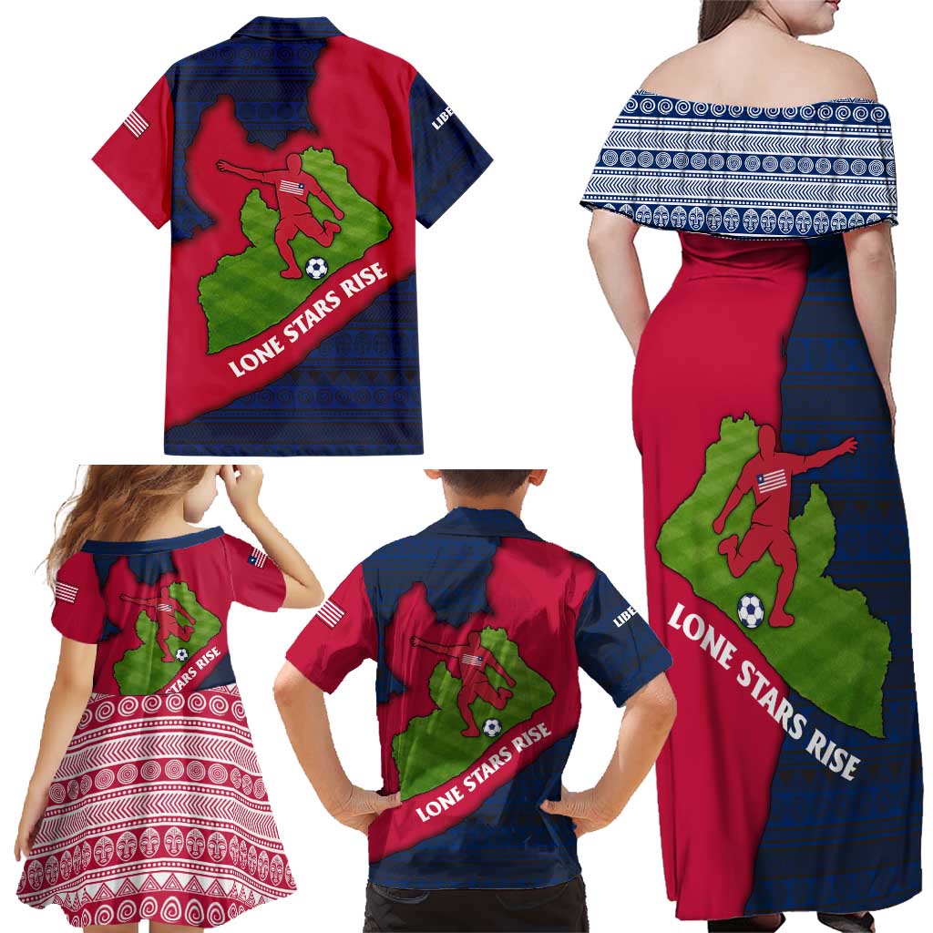 Liberia Lone Stars Rise Football Family Matching Off Shoulder Maxi Dress and Hawaiian Shirt with Map Graphic and National Flag Design