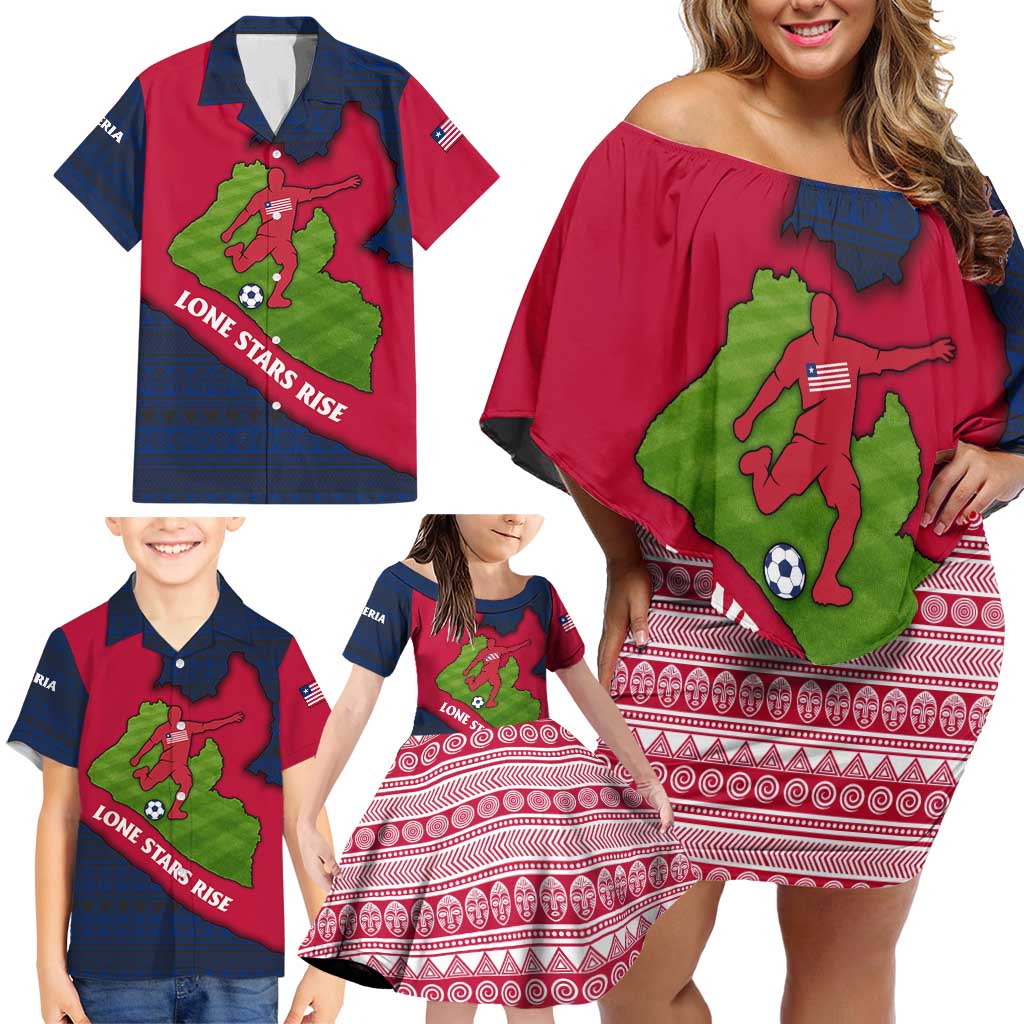 Liberia Lone Stars Rise Football Family Matching Off Shoulder Short Dress and Hawaiian Shirt with Map Graphic and National Flag Design