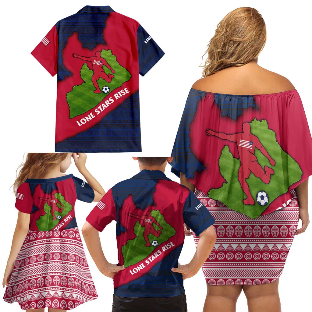 Liberia Lone Stars Rise Football Family Matching Off Shoulder Short Dress and Hawaiian Shirt with Map Graphic and National Flag Design