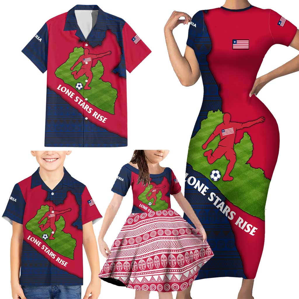 Liberia Lone Stars Rise Football Family Matching Short Sleeve Bodycon Dress and Hawaiian Shirt with Map Graphic and National Flag Design