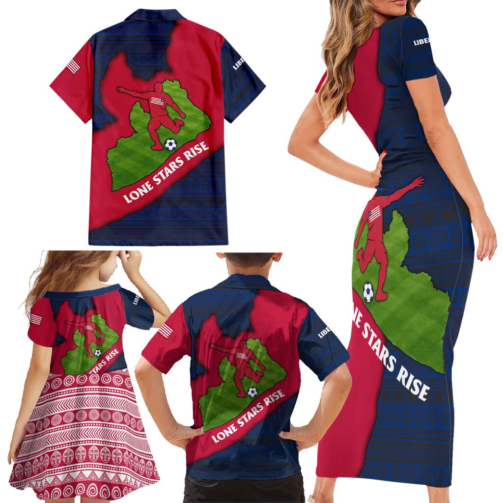 Liberia Lone Stars Rise Football Family Matching Short Sleeve Bodycon Dress and Hawaiian Shirt with Map Graphic and National Flag Design