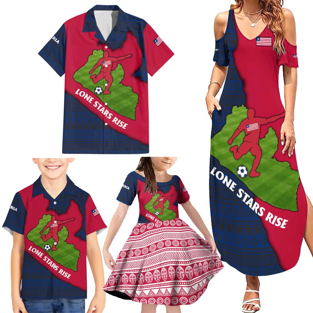 Liberia Lone Stars Rise Football Family Matching Summer Maxi Dress and Hawaiian Shirt with Map Graphic and National Flag Design