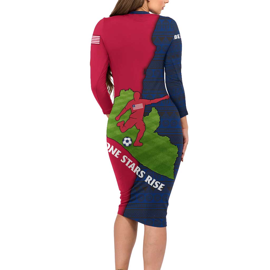 Liberia Lone Stars Rise Football Long Sleeve Bodycon Dress with Map Graphic and National Flag Design