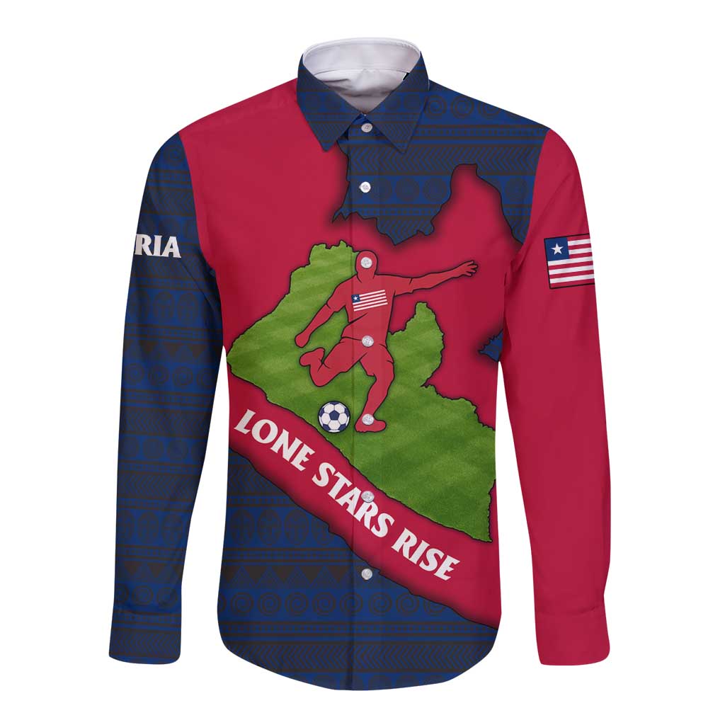 Liberia Lone Stars Rise Football Long Sleeve Button Shirt with Map Graphic and National Flag Design