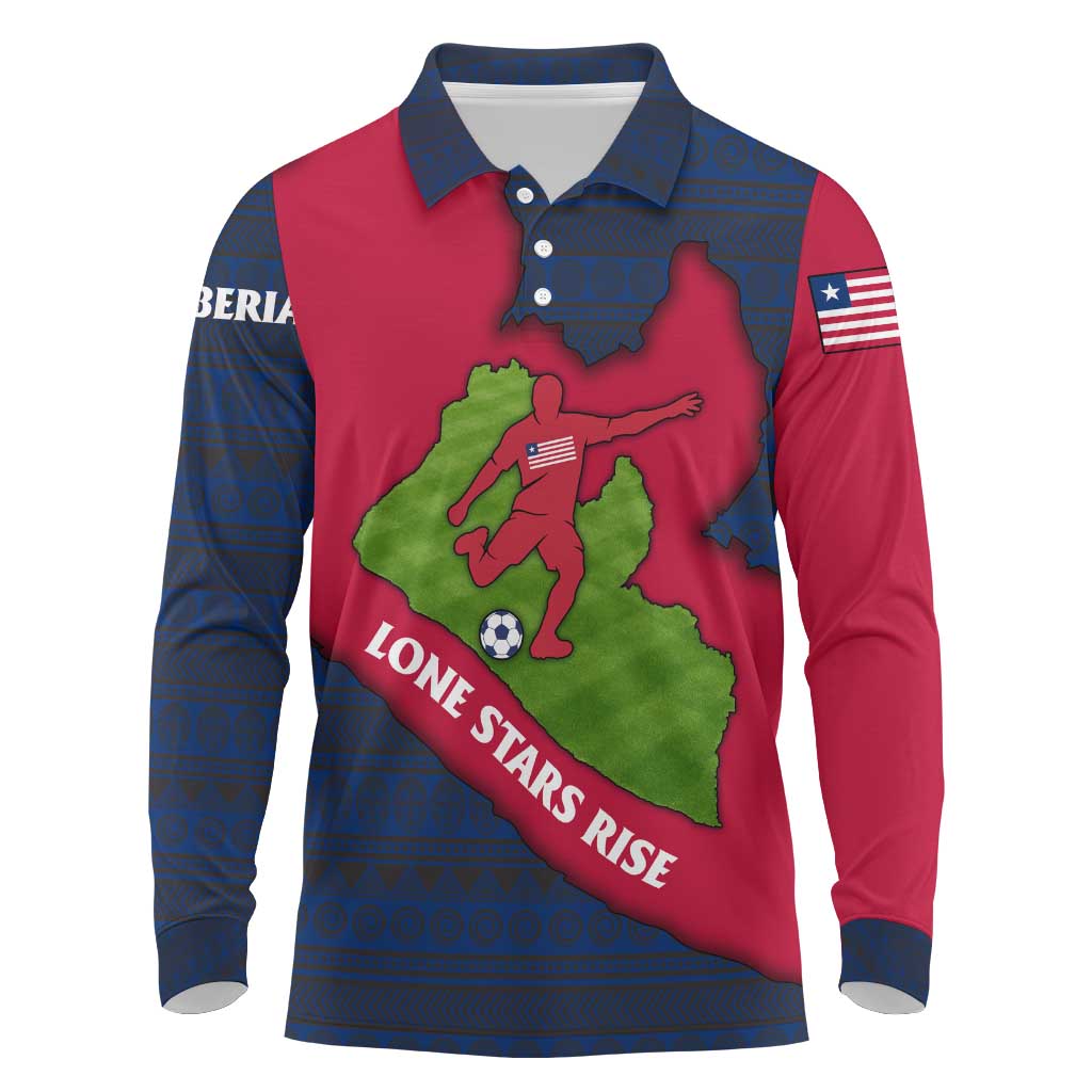 Liberia Lone Stars Rise Football Long Sleeve Polo Shirt with Map Graphic and National Flag Design