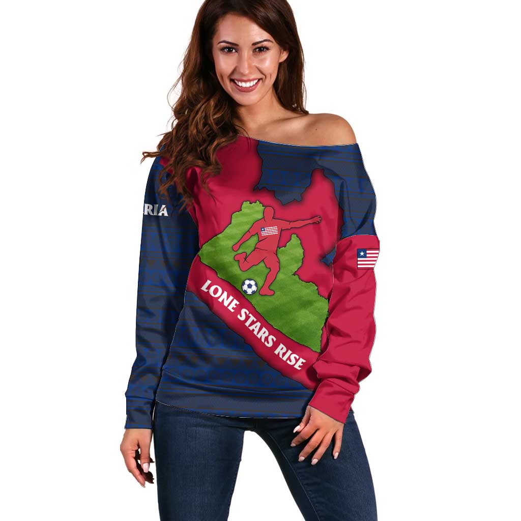 Liberia Lone Stars Rise Football Off Shoulder Sweater with Map Graphic and National Flag Design