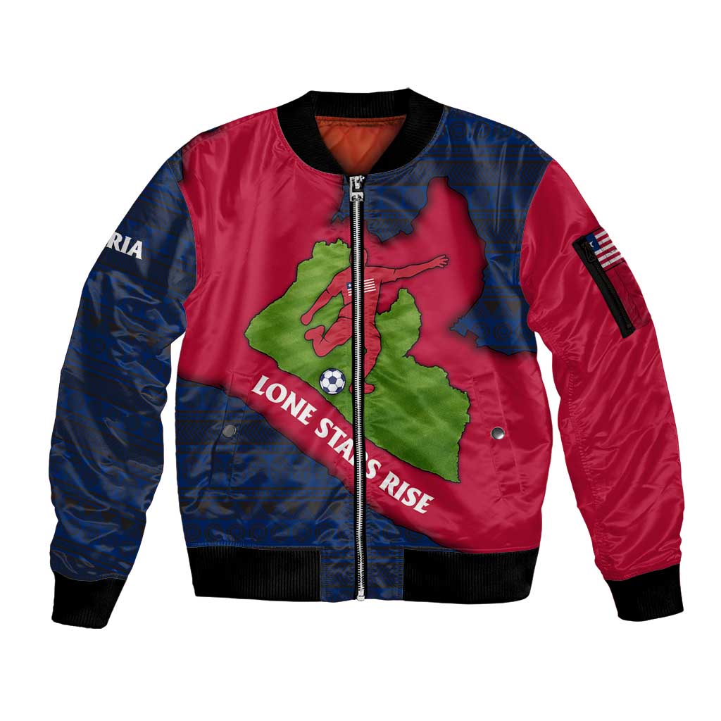 Liberia Lone Stars Rise Football Sleeve Zip Bomber Jacket with Map Graphic and National Flag Design