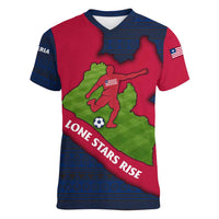 Liberia Lone Stars Rise Football Women V-Neck T-Shirt with Map Graphic and National Flag Design