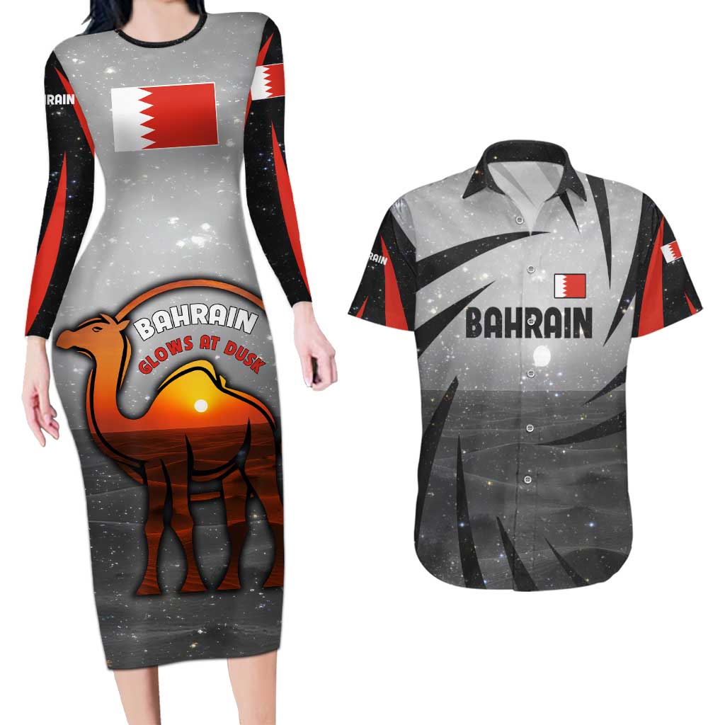 Bahrain Desert Camel Couples Matching Long Sleeve Bodycon Dress and Hawaiian Shirt with Sunset Glow and Starry Sky