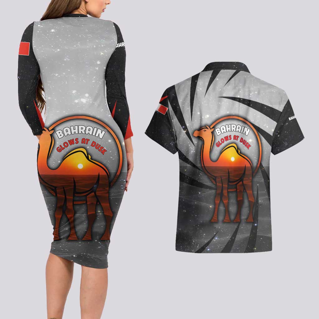 Bahrain Desert Camel Couples Matching Long Sleeve Bodycon Dress and Hawaiian Shirt with Sunset Glow and Starry Sky
