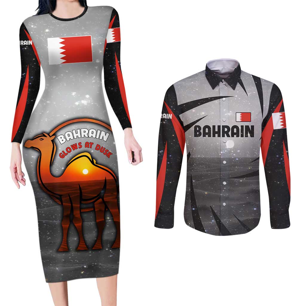 Bahrain Desert Camel Couples Matching Long Sleeve Bodycon Dress and Long Sleeve Button Shirt with Sunset Glow and Starry Sky