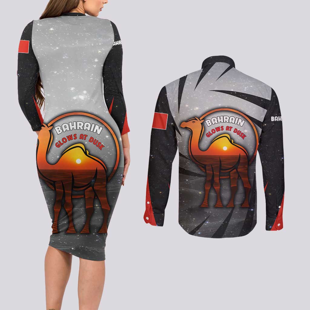 Bahrain Desert Camel Couples Matching Long Sleeve Bodycon Dress and Long Sleeve Button Shirt with Sunset Glow and Starry Sky