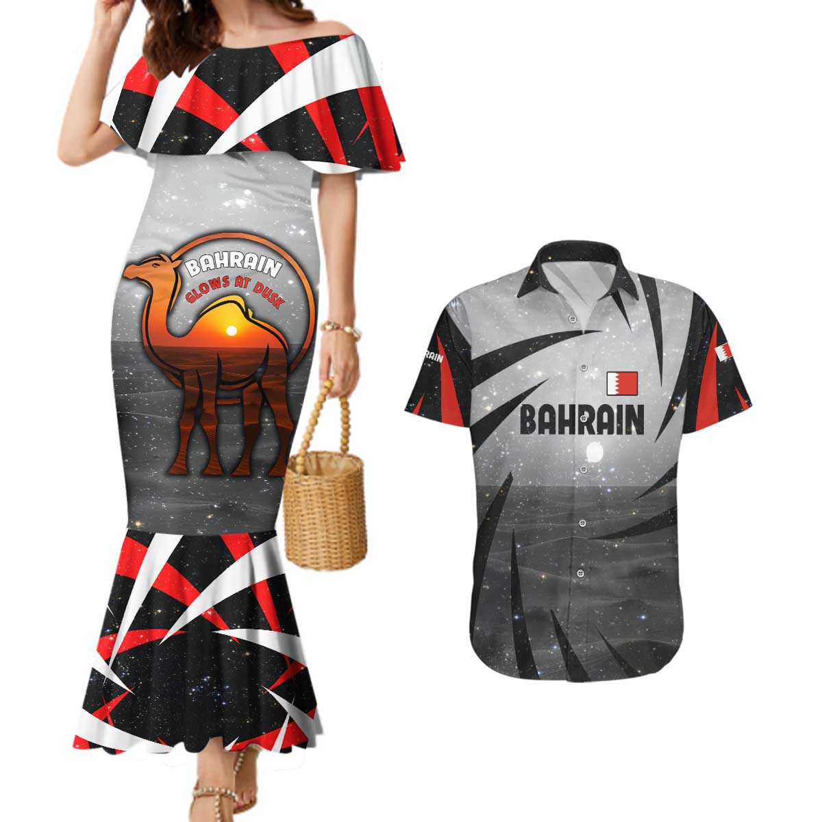 Bahrain Desert Camel Couples Matching Mermaid Dress and Hawaiian Shirt with Sunset Glow and Starry Sky