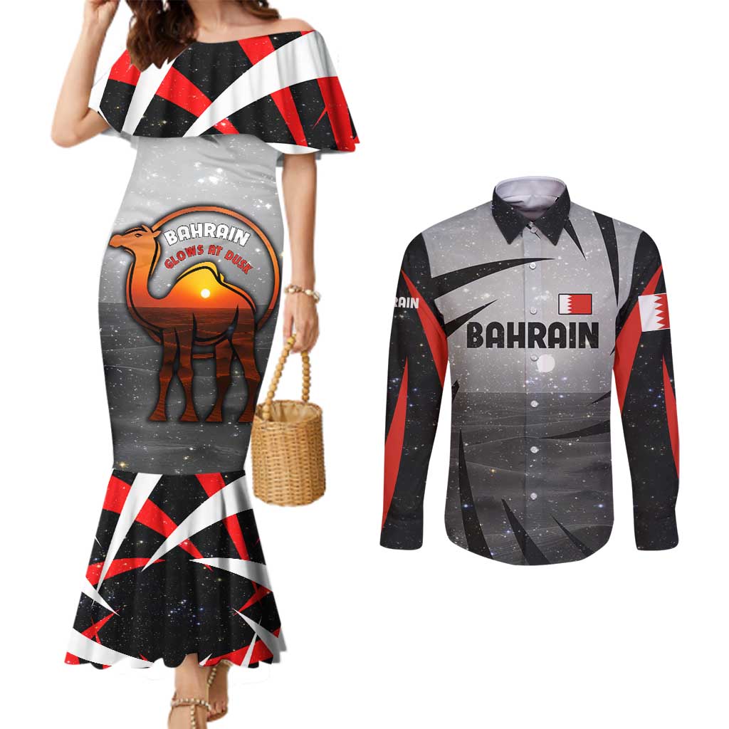 Bahrain Desert Camel Couples Matching Mermaid Dress and Long Sleeve Button Shirt with Sunset Glow and Starry Sky