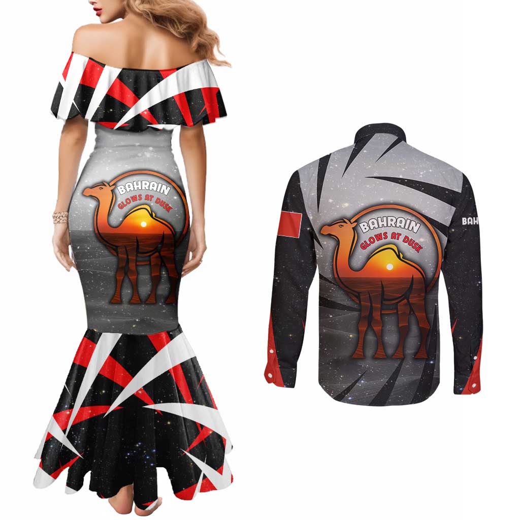 Bahrain Desert Camel Couples Matching Mermaid Dress and Long Sleeve Button Shirt with Sunset Glow and Starry Sky