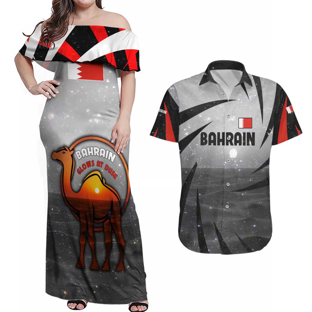 Bahrain Desert Camel Couples Matching Off Shoulder Maxi Dress and Hawaiian Shirt with Sunset Glow and Starry Sky