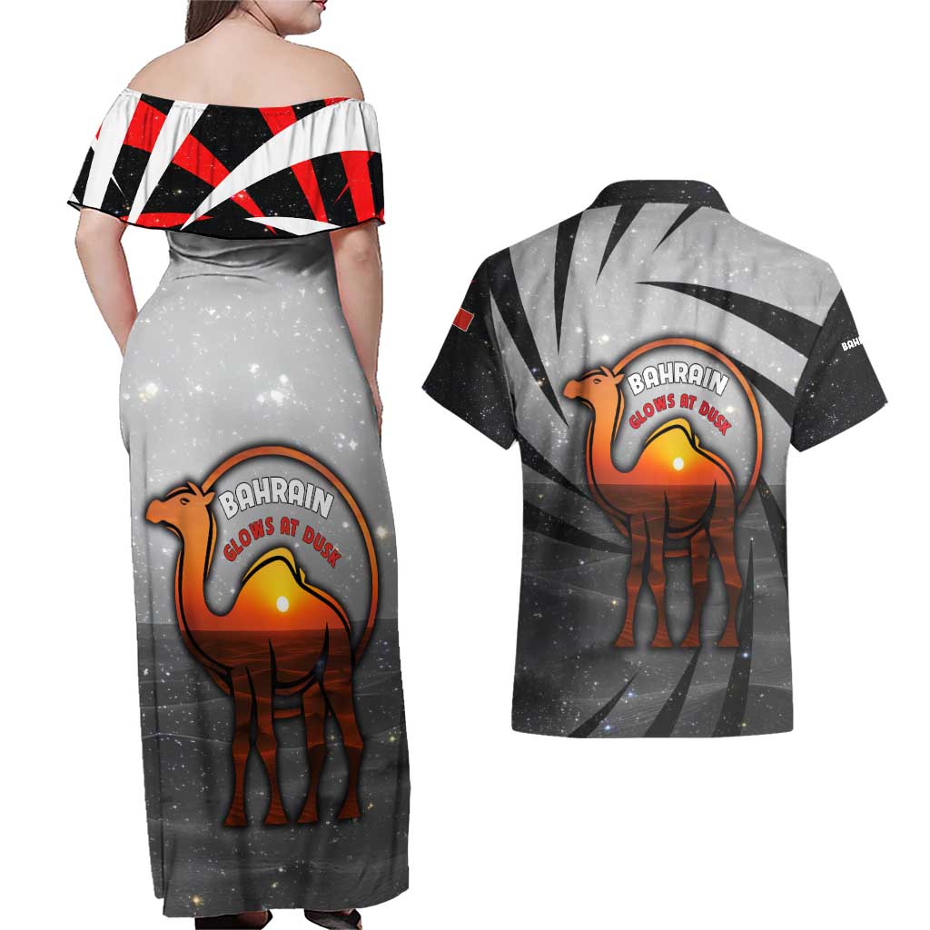 Bahrain Desert Camel Couples Matching Off Shoulder Maxi Dress and Hawaiian Shirt with Sunset Glow and Starry Sky