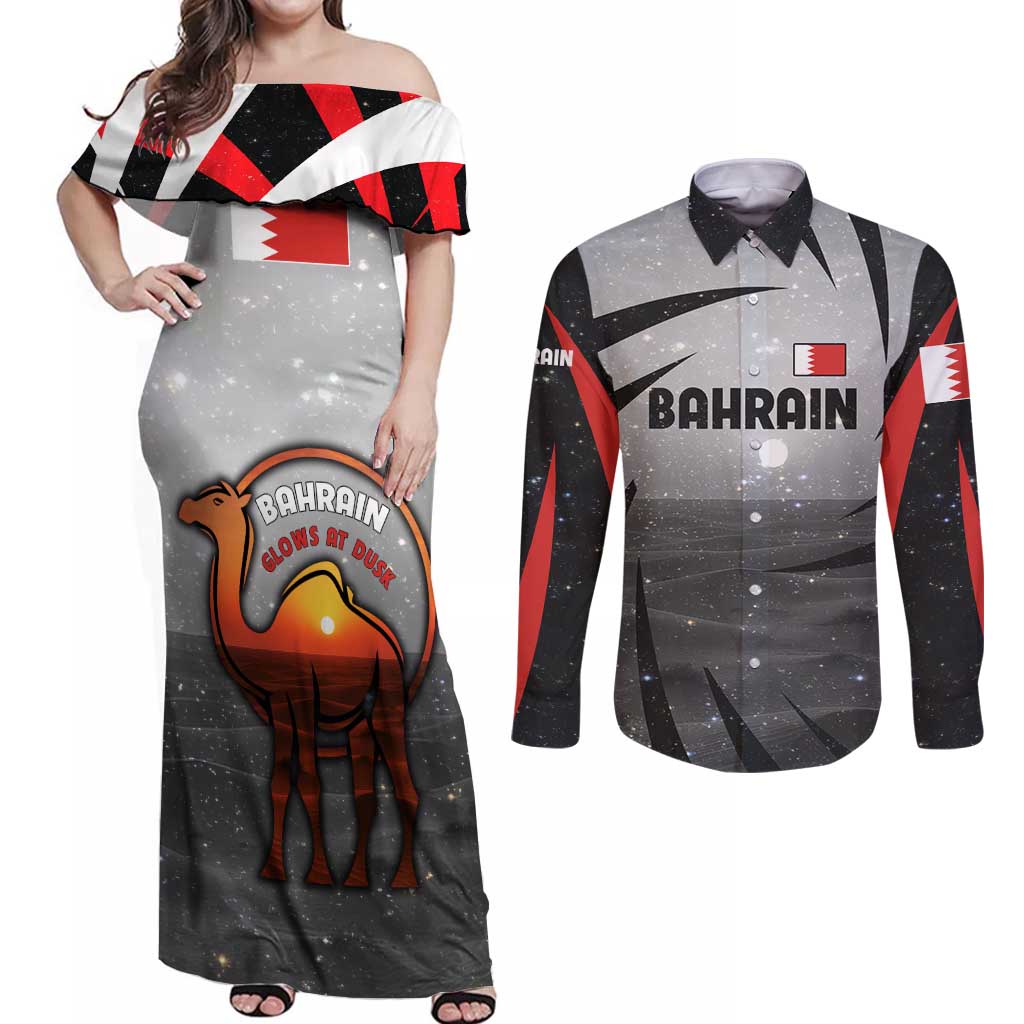 Bahrain Desert Camel Couples Matching Off Shoulder Maxi Dress and Long Sleeve Button Shirt with Sunset Glow and Starry Sky