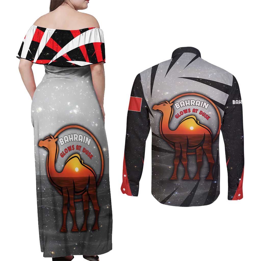 Bahrain Desert Camel Couples Matching Off Shoulder Maxi Dress and Long Sleeve Button Shirt with Sunset Glow and Starry Sky