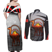 Bahrain Desert Camel Couples Matching Off Shoulder Maxi Dress and Long Sleeve Button Shirt with Sunset Glow and Starry Sky