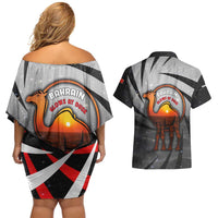 Bahrain Desert Camel Couples Matching Off Shoulder Short Dress and Hawaiian Shirt with Sunset Glow and Starry Sky
