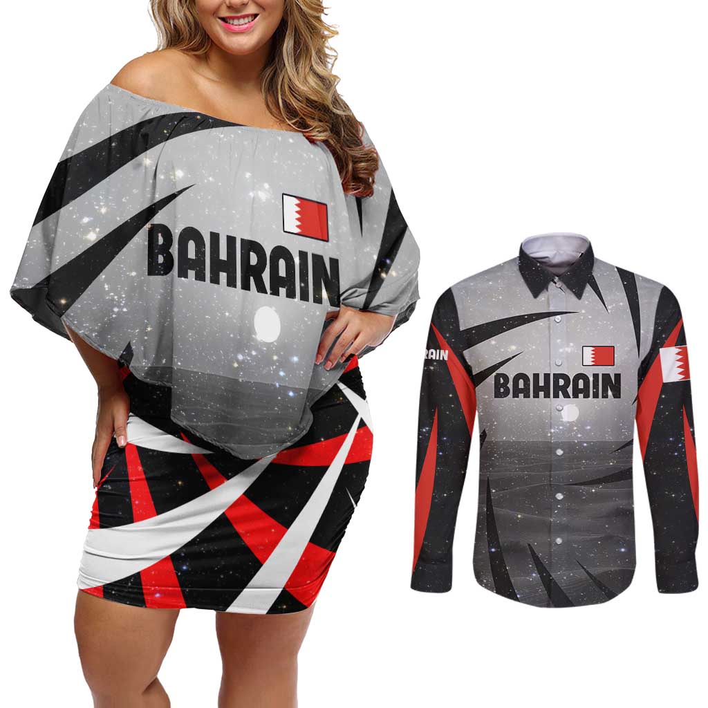 Bahrain Desert Camel Couples Matching Off Shoulder Short Dress and Long Sleeve Button Shirt with Sunset Glow and Starry Sky