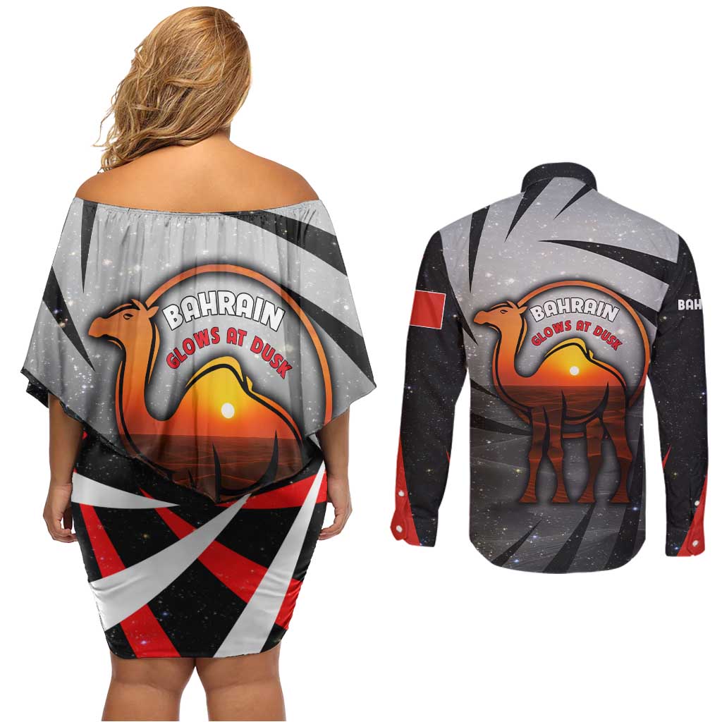 Bahrain Desert Camel Couples Matching Off Shoulder Short Dress and Long Sleeve Button Shirt with Sunset Glow and Starry Sky