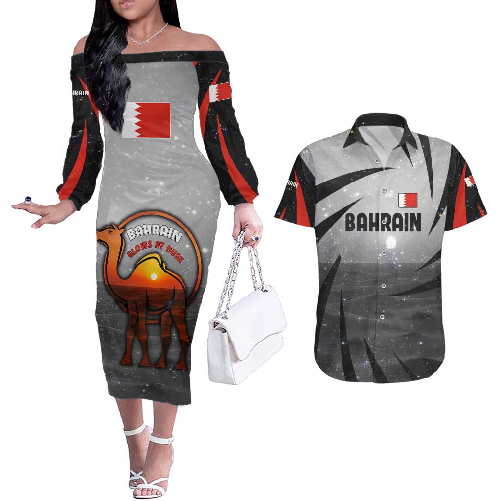 Bahrain Desert Camel Couples Matching Off The Shoulder Long Sleeve Dress and Hawaiian Shirt with Sunset Glow and Starry Sky