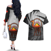 Bahrain Desert Camel Couples Matching Off The Shoulder Long Sleeve Dress and Hawaiian Shirt with Sunset Glow and Starry Sky