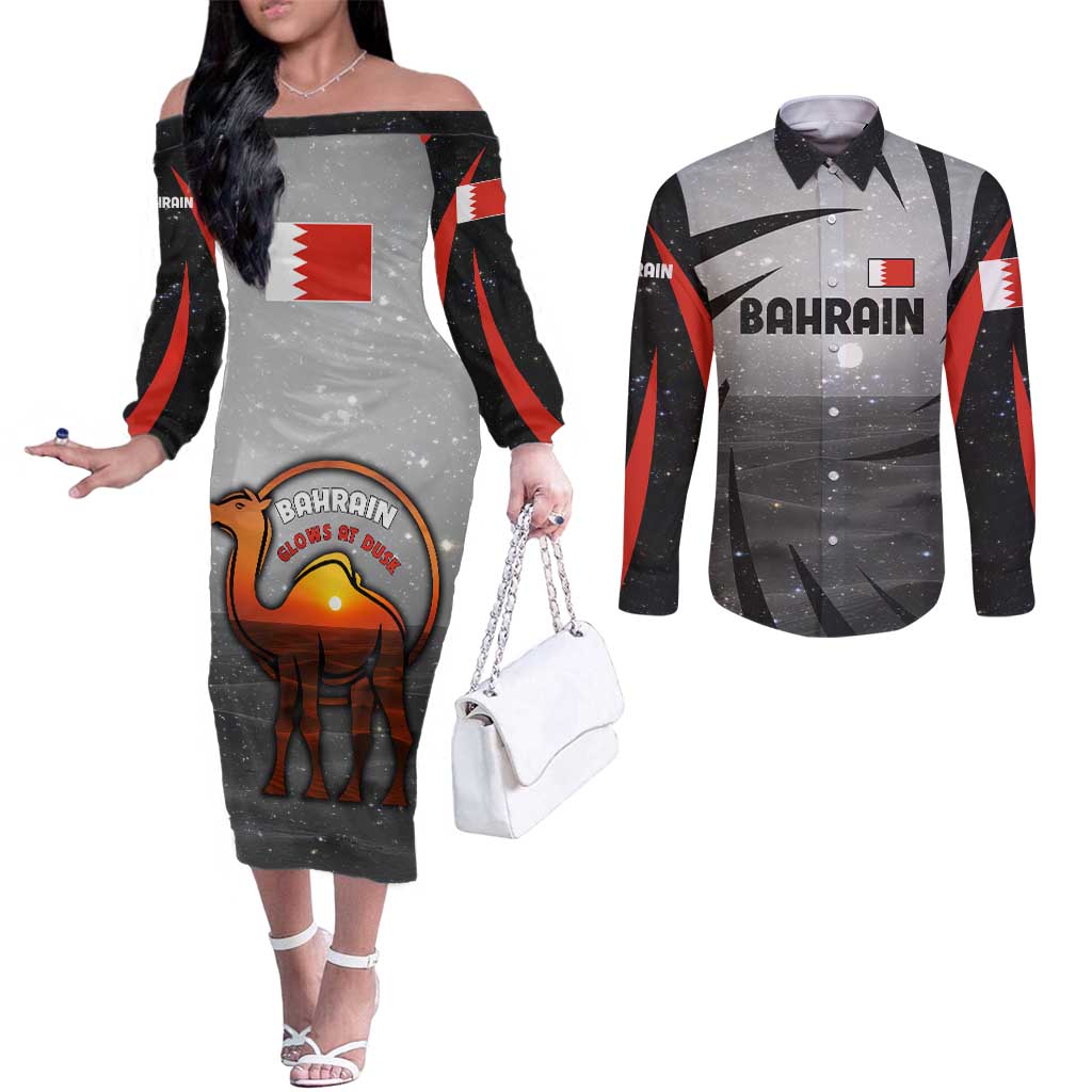 Bahrain Desert Camel Couples Matching Off The Shoulder Long Sleeve Dress and Long Sleeve Button Shirt with Sunset Glow and Starry Sky