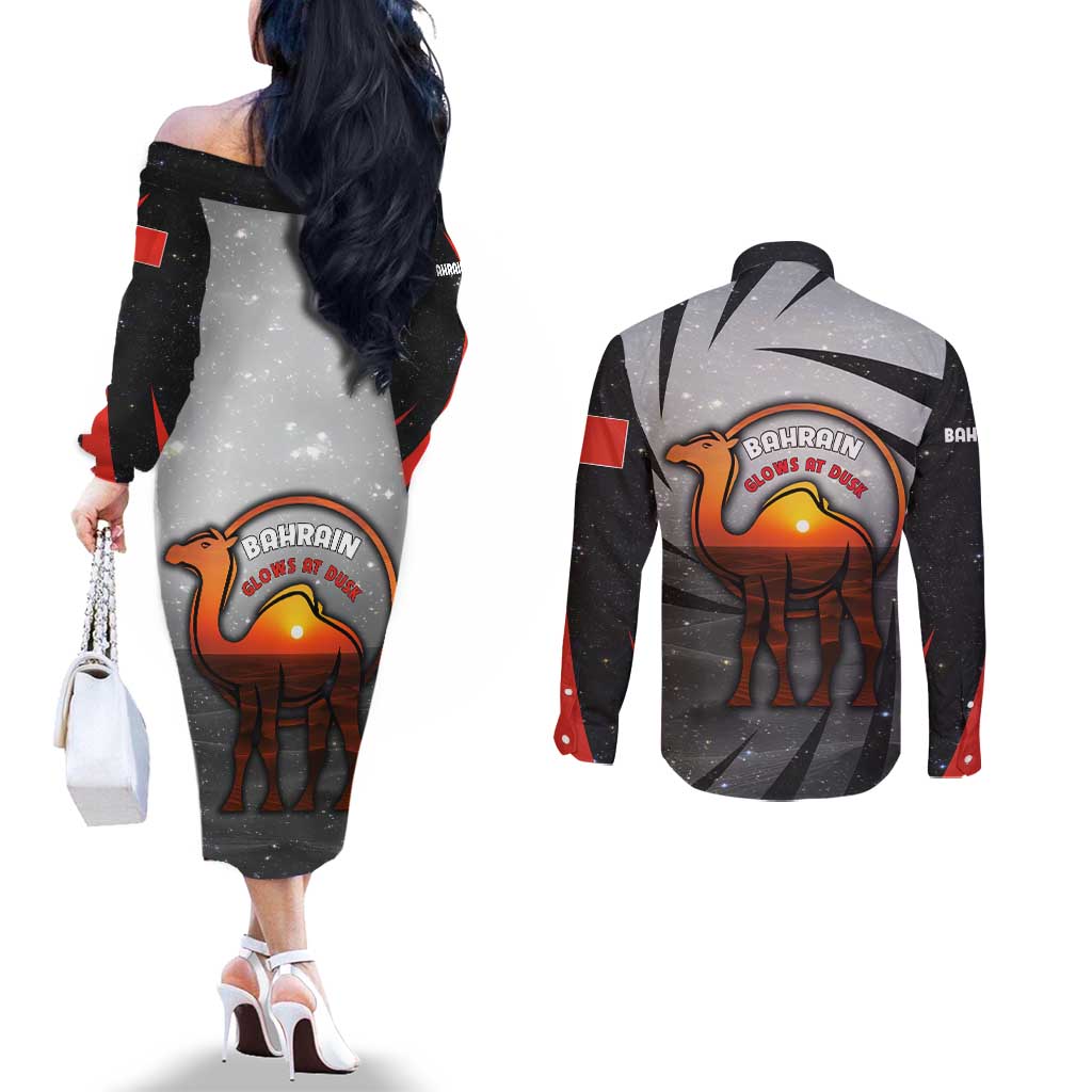 Bahrain Desert Camel Couples Matching Off The Shoulder Long Sleeve Dress and Long Sleeve Button Shirt with Sunset Glow and Starry Sky