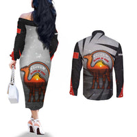 Bahrain Desert Camel Couples Matching Off The Shoulder Long Sleeve Dress and Long Sleeve Button Shirt with Sunset Glow and Starry Sky