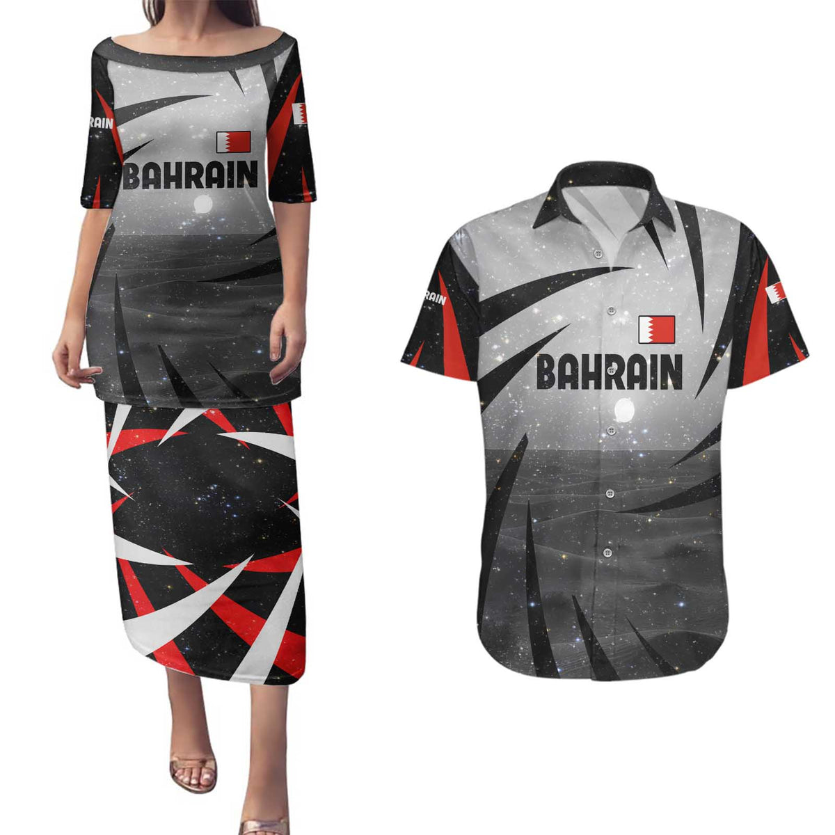 Bahrain Desert Camel Couples Matching Puletasi and Hawaiian Shirt with Sunset Glow and Starry Sky