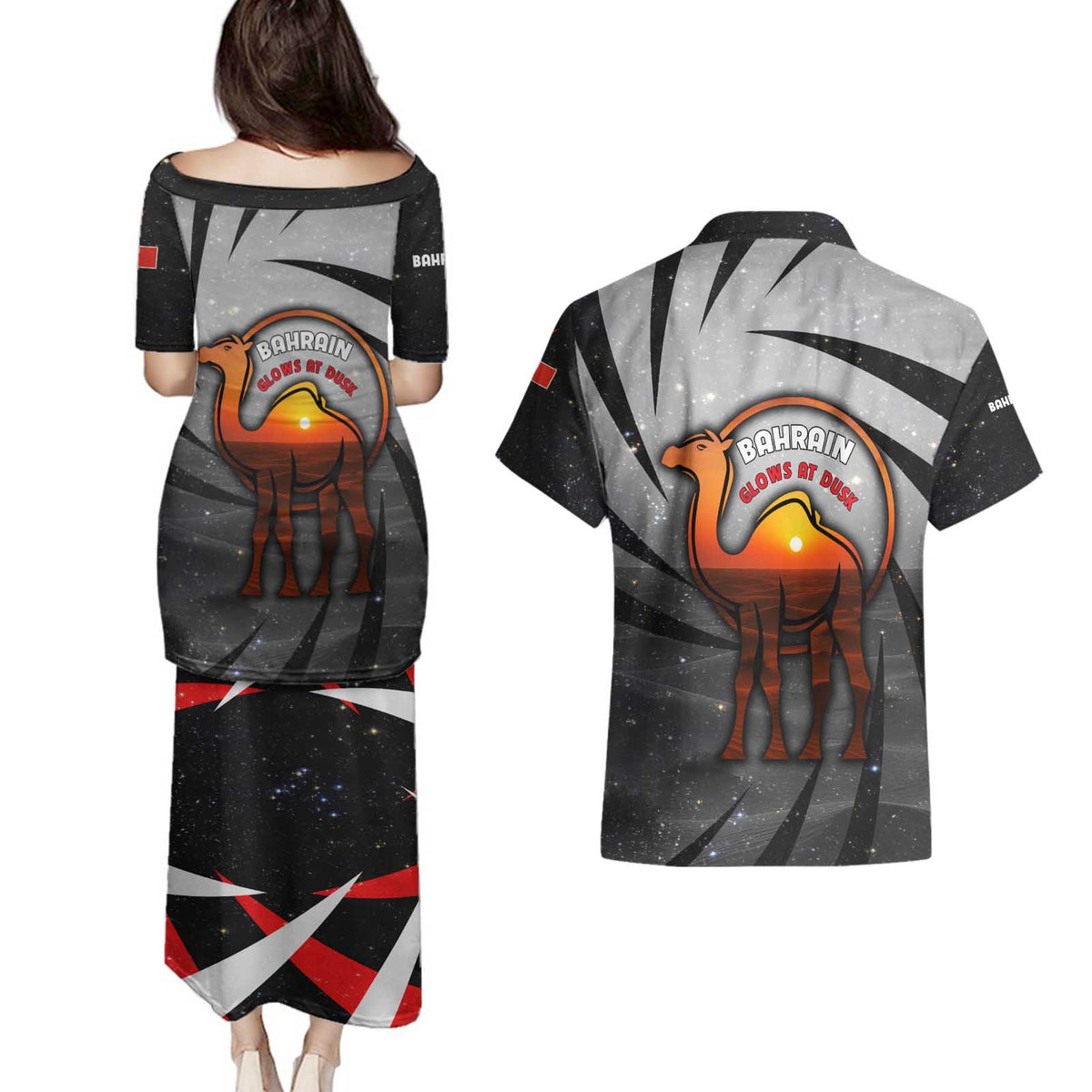 Bahrain Desert Camel Couples Matching Puletasi and Hawaiian Shirt with Sunset Glow and Starry Sky