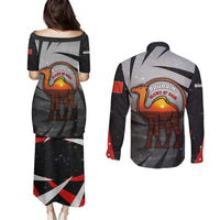Bahrain Desert Camel Couples Matching Puletasi and Long Sleeve Button Shirt with Sunset Glow and Starry Sky