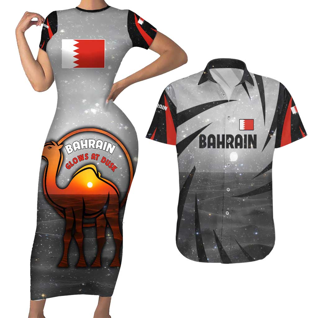 Bahrain Desert Camel Couples Matching Short Sleeve Bodycon Dress and Hawaiian Shirt with Sunset Glow and Starry Sky