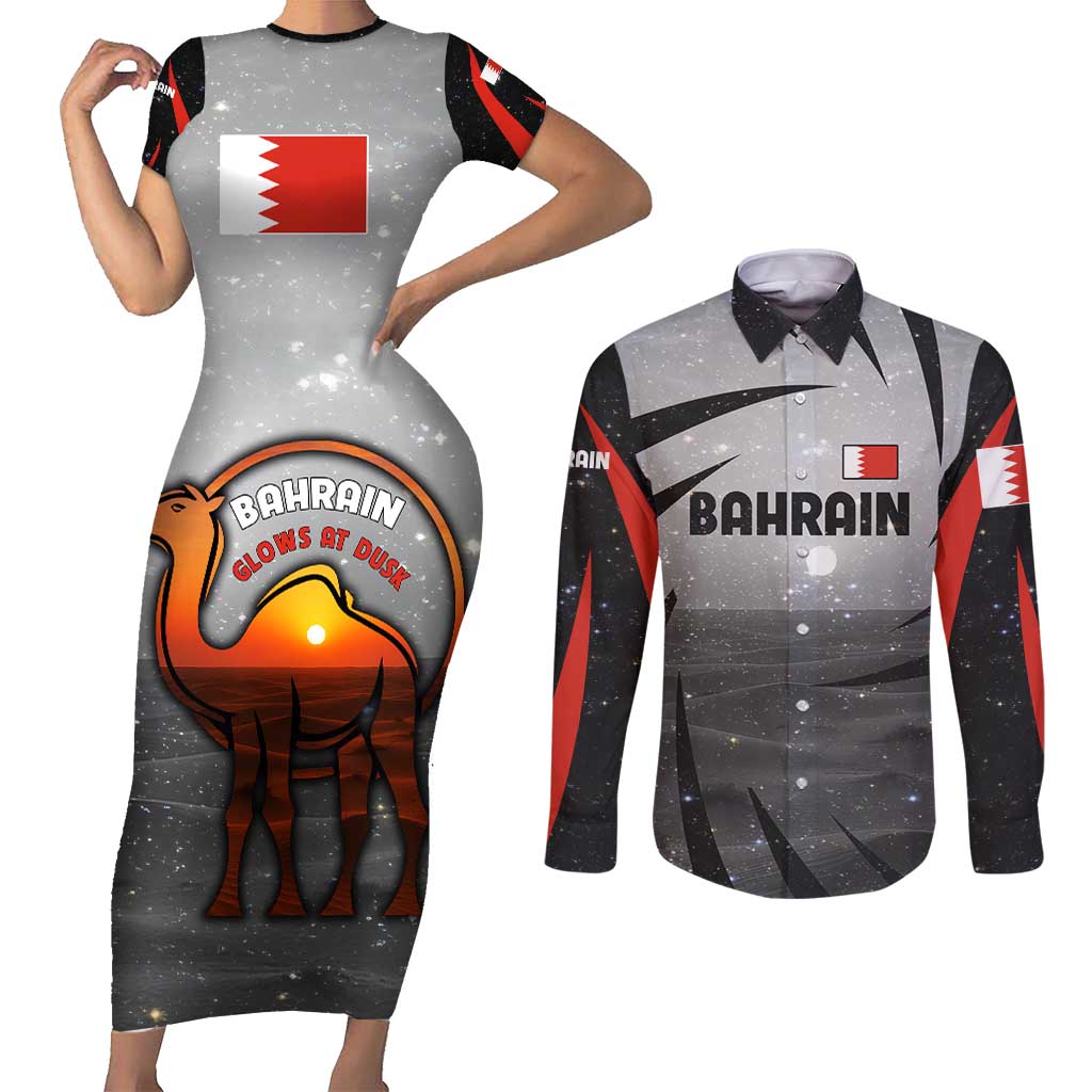 Bahrain Desert Camel Couples Matching Short Sleeve Bodycon Dress and Long Sleeve Button Shirt with Sunset Glow and Starry Sky