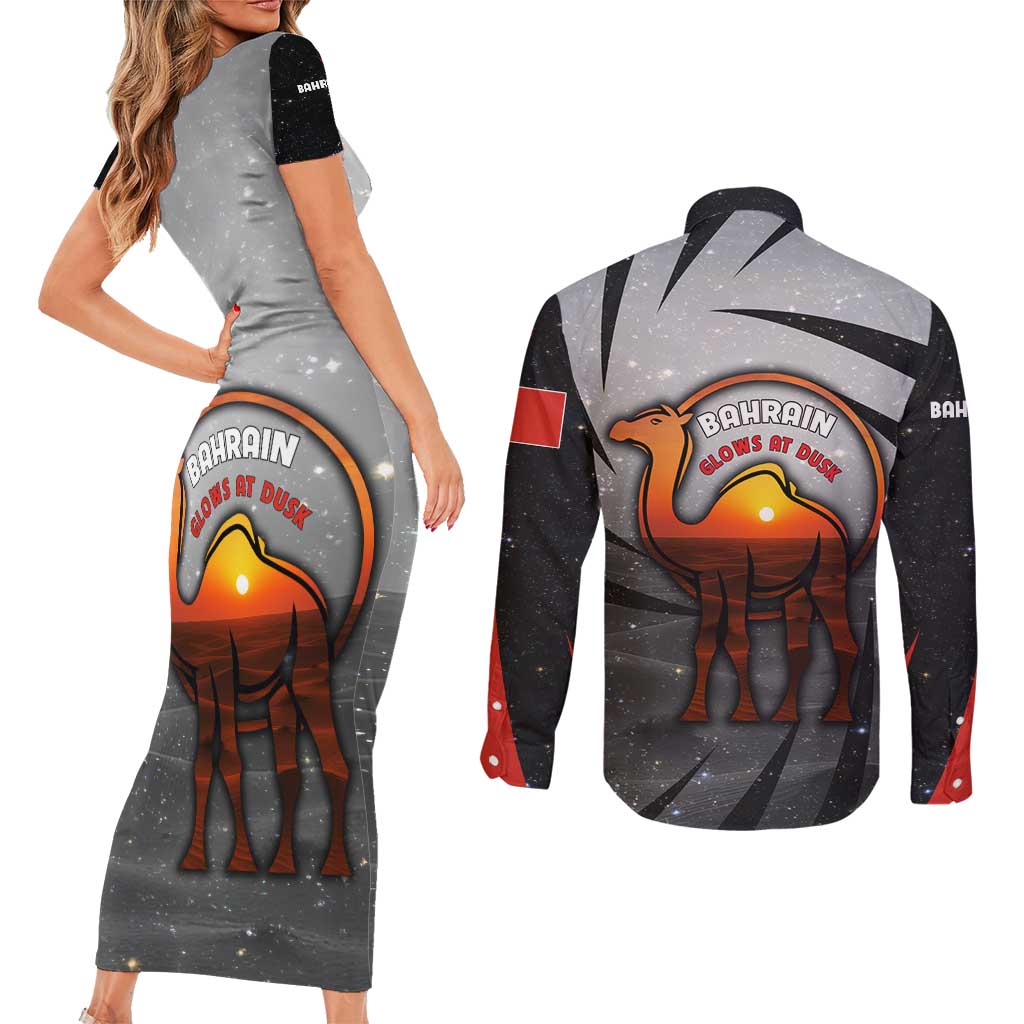 Bahrain Desert Camel Couples Matching Short Sleeve Bodycon Dress and Long Sleeve Button Shirt with Sunset Glow and Starry Sky