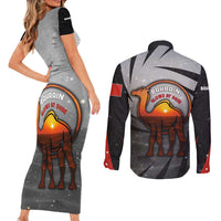 Bahrain Desert Camel Couples Matching Short Sleeve Bodycon Dress and Long Sleeve Button Shirt with Sunset Glow and Starry Sky