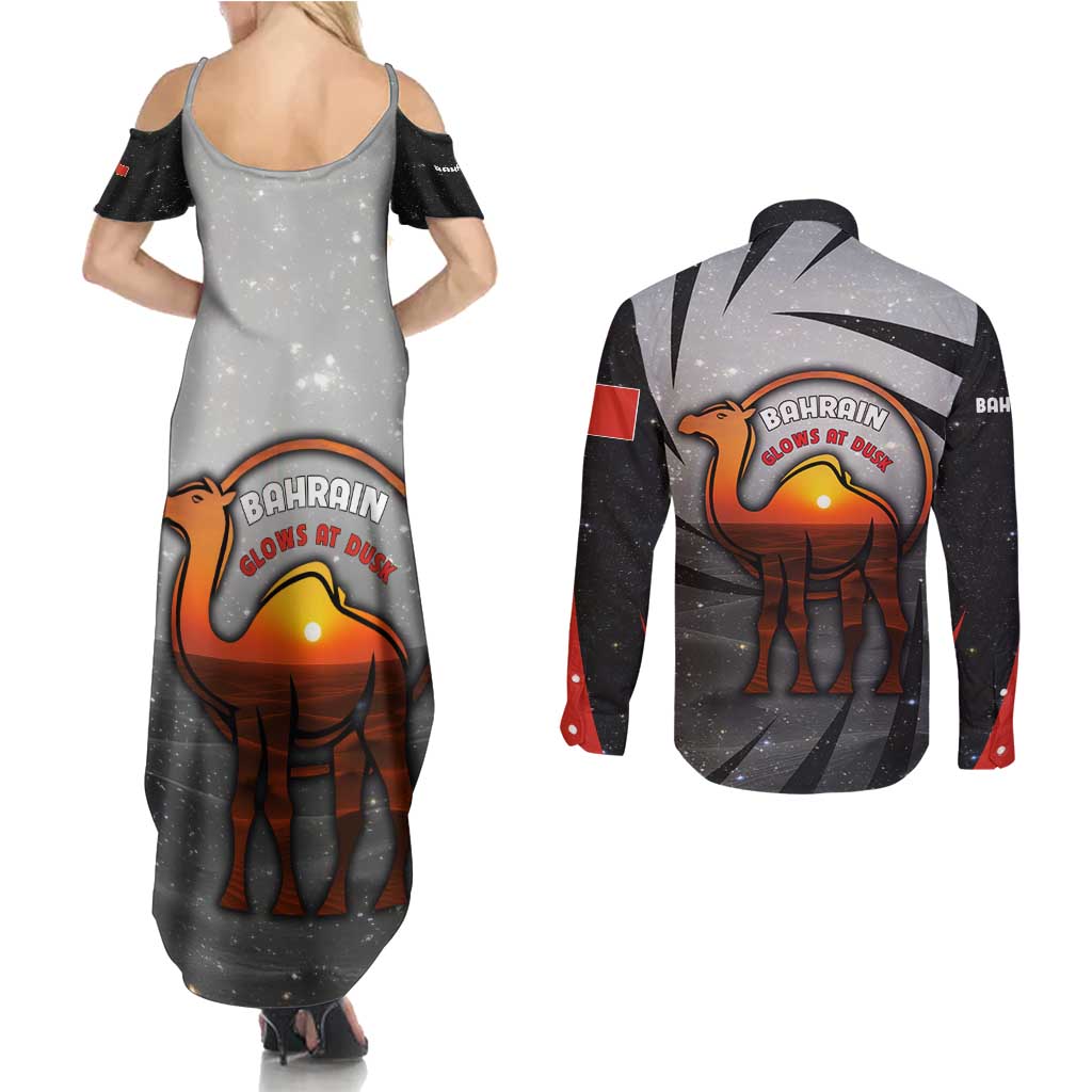 Bahrain Desert Camel Couples Matching Summer Maxi Dress and Long Sleeve Button Shirt with Sunset Glow and Starry Sky
