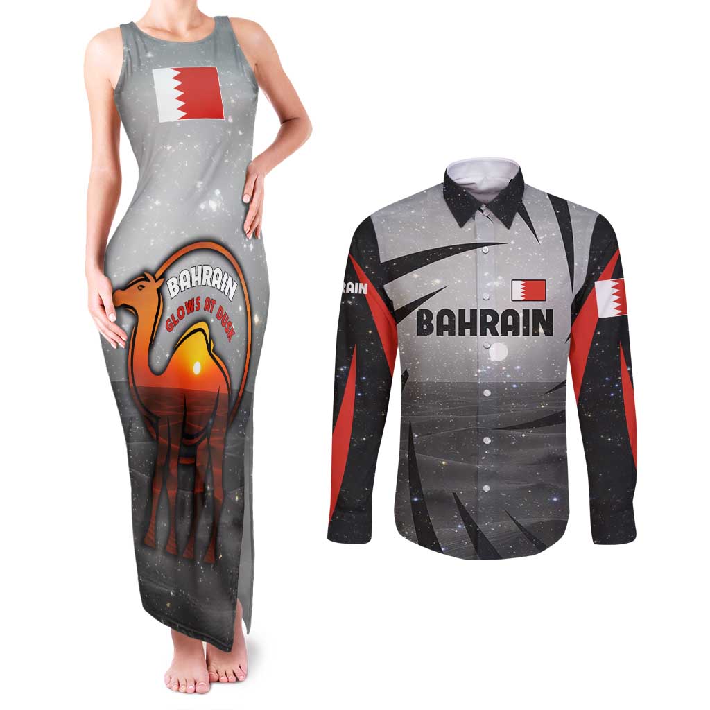 Bahrain Desert Camel Couples Matching Tank Maxi Dress and Long Sleeve Button Shirt with Sunset Glow and Starry Sky