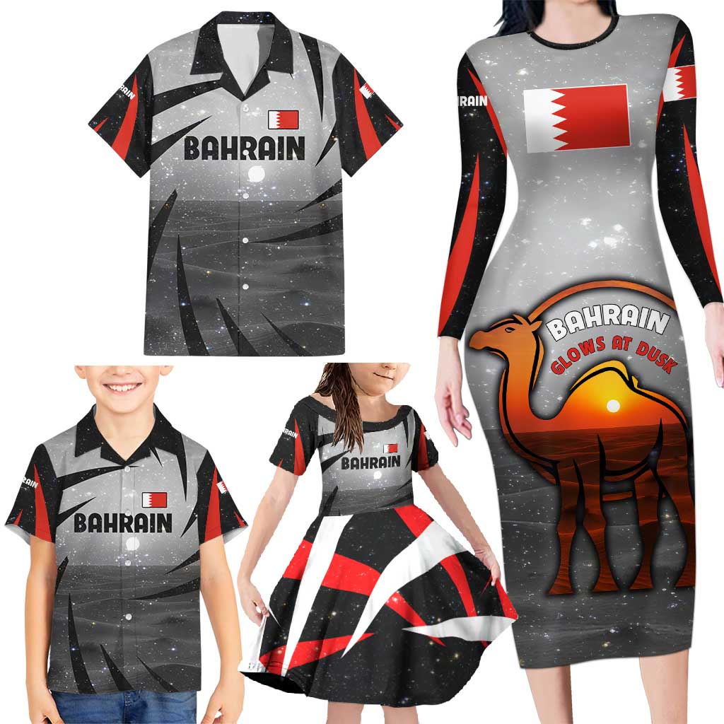 Bahrain Desert Camel Family Matching Long Sleeve Bodycon Dress and Hawaiian Shirt with Sunset Glow and Starry Sky