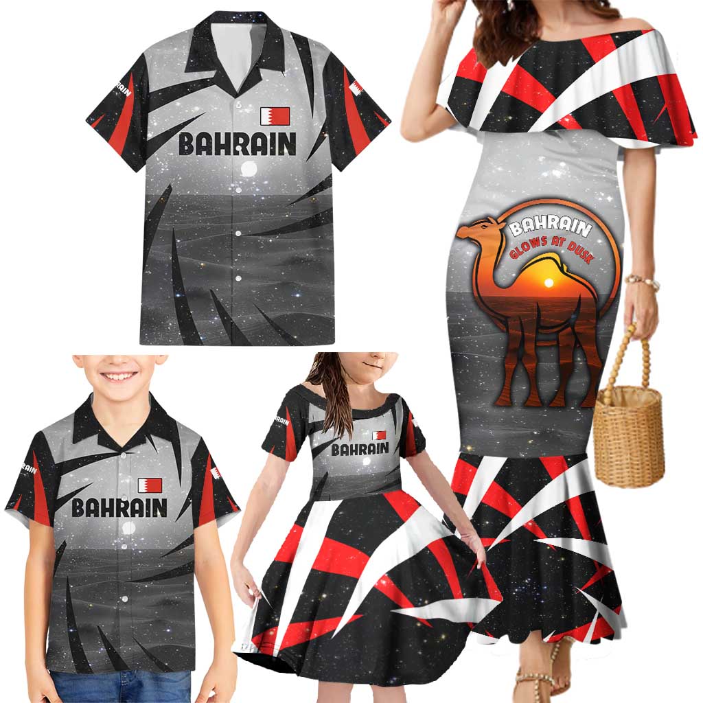 Bahrain Desert Camel Family Matching Mermaid Dress and Hawaiian Shirt with Sunset Glow and Starry Sky