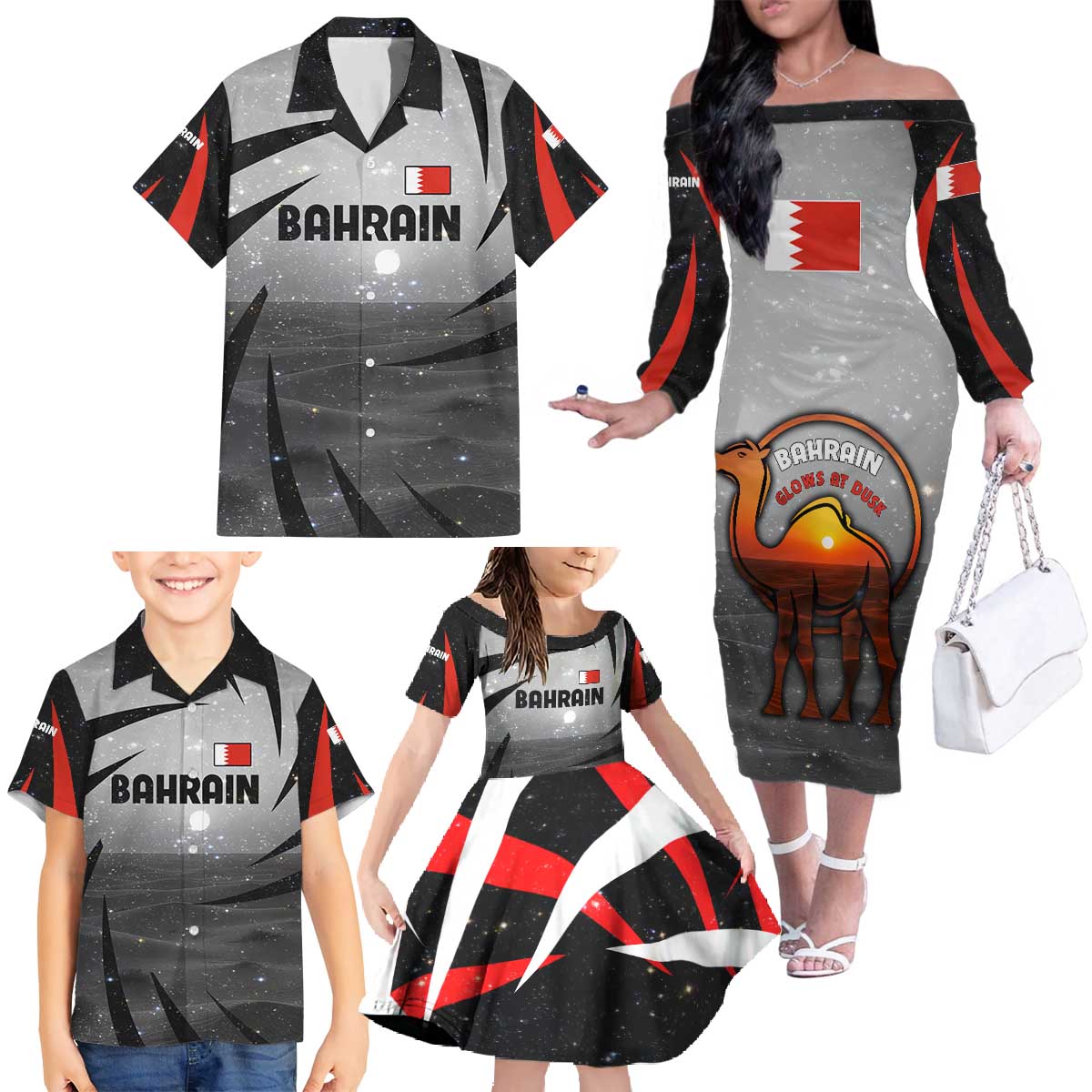 Bahrain Desert Camel Family Matching Off The Shoulder Long Sleeve Dress and Hawaiian Shirt with Sunset Glow and Starry Sky