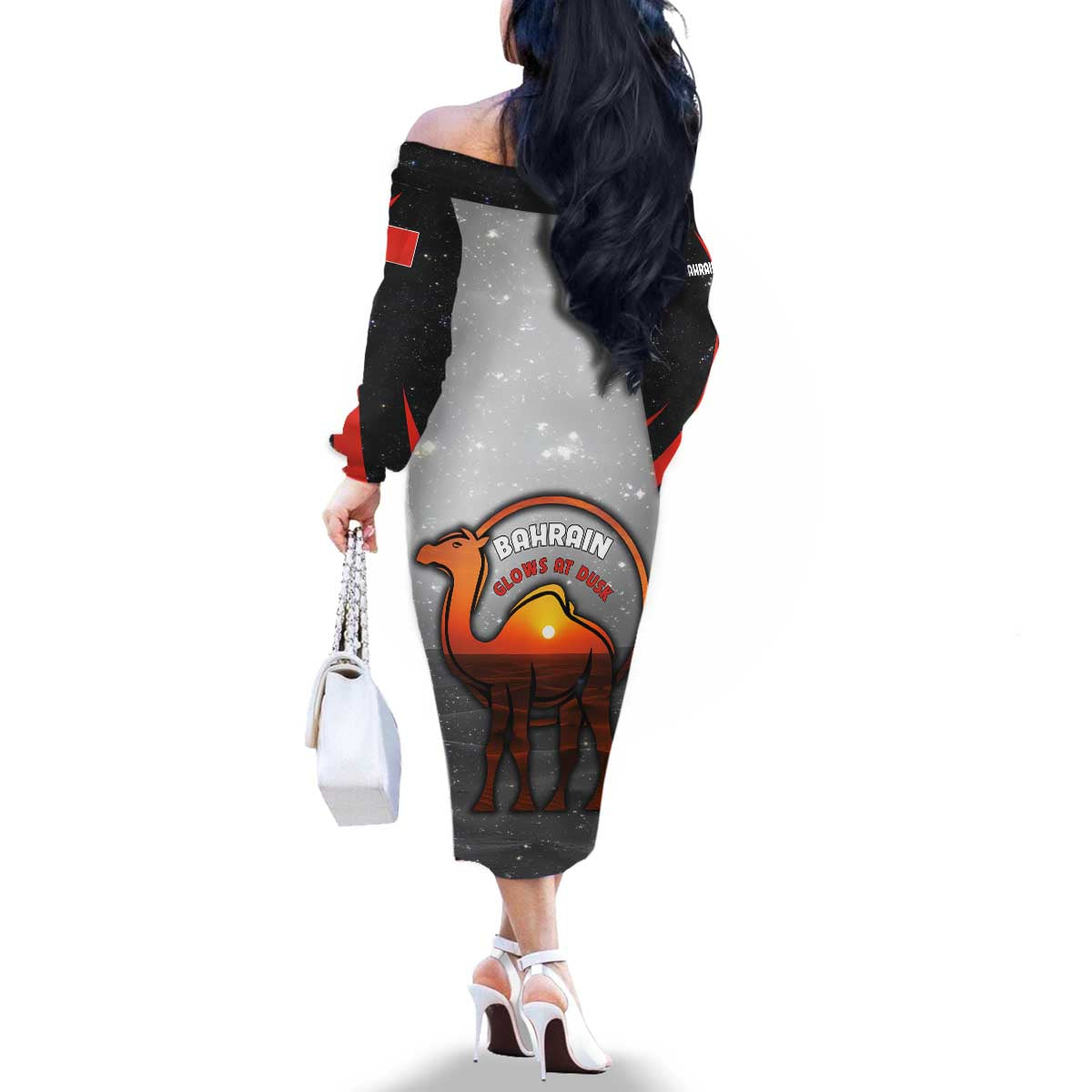 Bahrain Desert Camel Family Matching Off The Shoulder Long Sleeve Dress and Hawaiian Shirt with Sunset Glow and Starry Sky