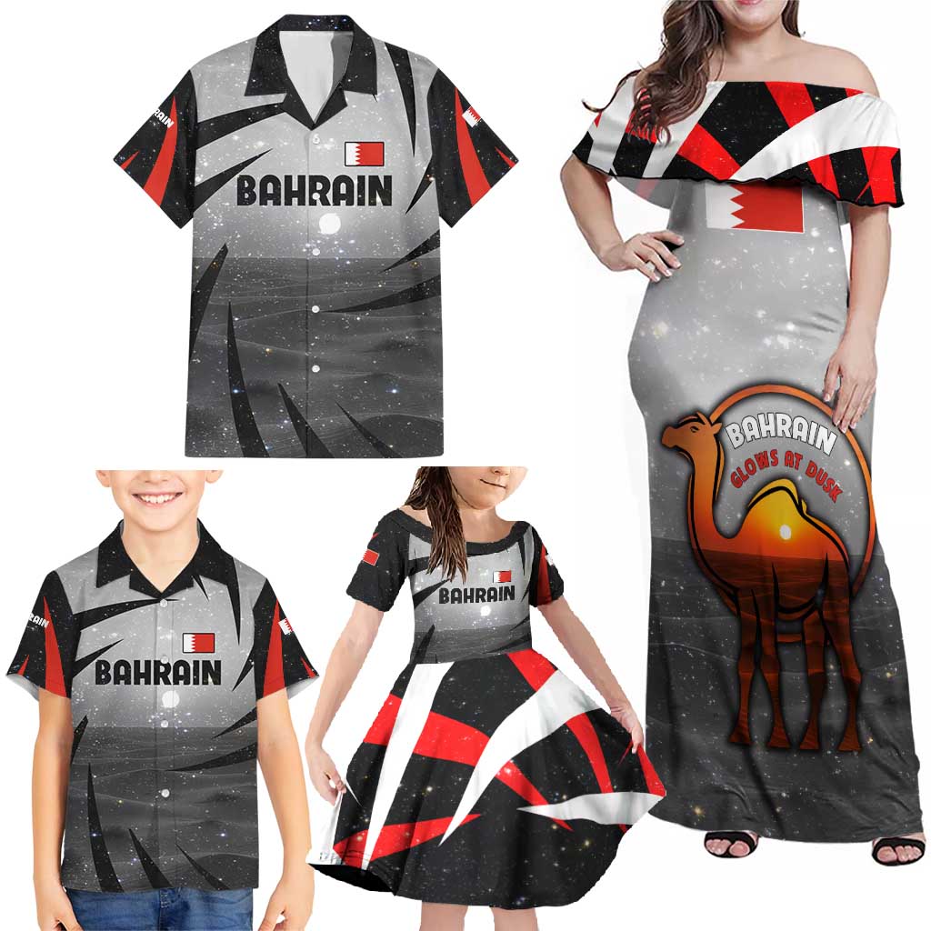 Bahrain Desert Camel Family Matching Off Shoulder Maxi Dress and Hawaiian Shirt with Sunset Glow and Starry Sky