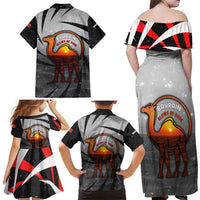 Bahrain Desert Camel Family Matching Off Shoulder Maxi Dress and Hawaiian Shirt with Sunset Glow and Starry Sky
