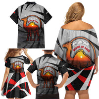 Bahrain Desert Camel Family Matching Off Shoulder Short Dress and Hawaiian Shirt with Sunset Glow and Starry Sky